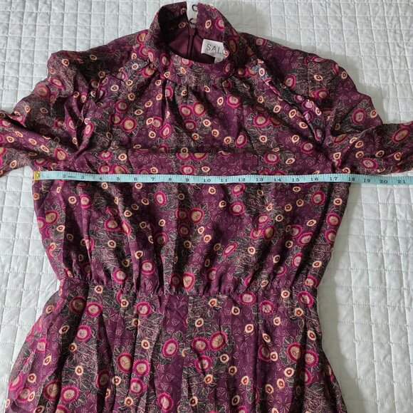 Saloni Floral High Neck Long Sleeve Maxi Dress US 6 Silk Burgundy - Picture 7 of 9